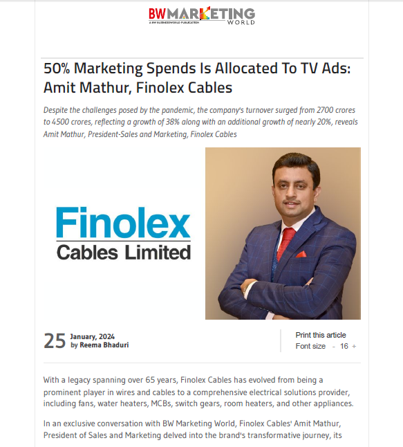 BW Marketing World: 50% of Finolex Marketing Spend Goes to TV